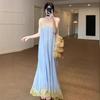 Beautiful Island Wear Holiday Style Blue Retro Lace Suspender Dress Women's Pleated Design Super Fairy Dress