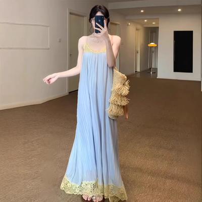 Beautiful Island Wear Holiday Style Blue Retro Lace Suspender Dress Women's Pleated Design Super Fairy Dress