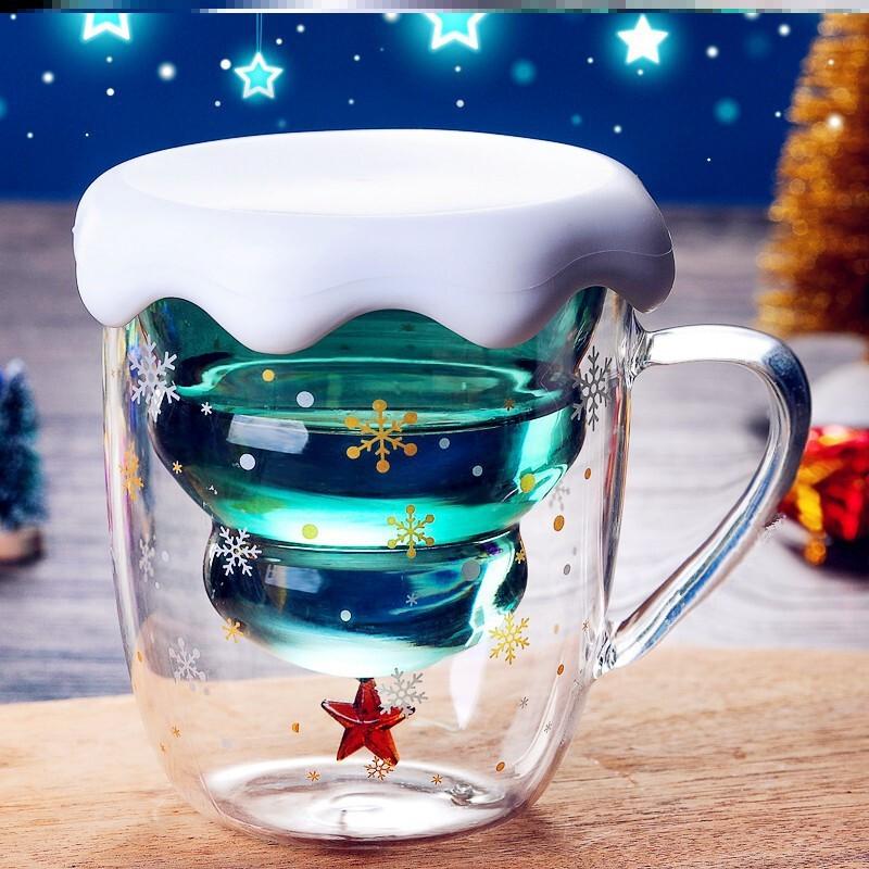 Christmas Cup Double layered with heat-resistant glass handle Creative Cute Christmas Tree Coffee Juice Milk Breakfast Cup 300ml 300mL