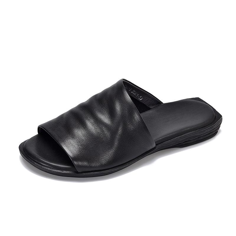 Women Retro Cowhide Flat Sandals Versatile Handmade Fish Mouth Slippers Casual Summer