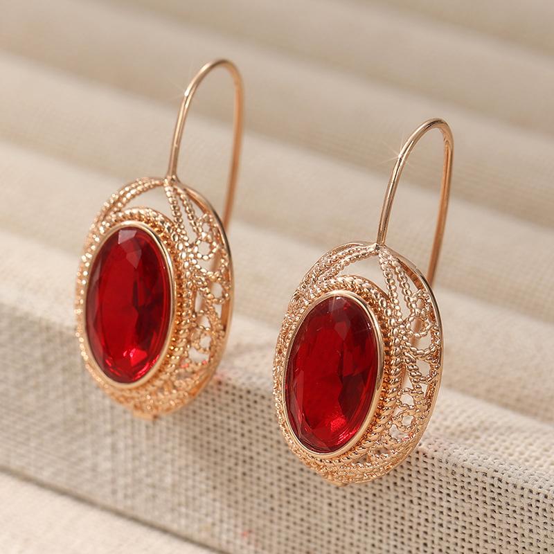 Exquisite Sparking Oval Red/Blue Synthetic Zirconia Dangle Earrings for Women Rose Golden Plated Banquet Wedding Jewelry Crafts