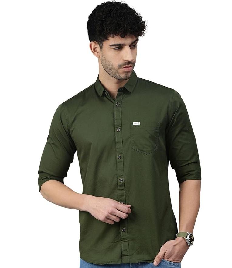 Мужская Классическая Повседневная Рубашка Slim Fit из Чистого Хлопка S оливковый