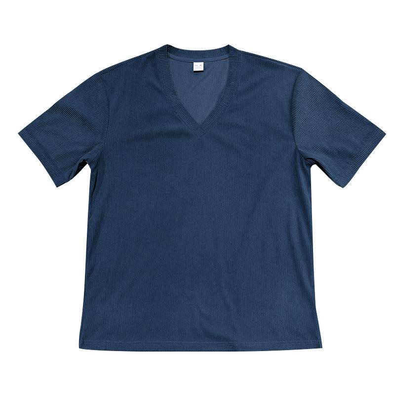 Men's V-neck Slim Fit Corduroy Casual Short Sleeve T-shirt, Solid Color