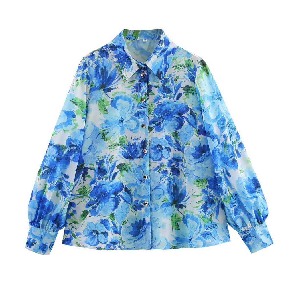 European and American Women's Clothing 1116 Summer Retro Flower Printing Lapel All-match Cardigan Long-sleeved Shirt Top Women