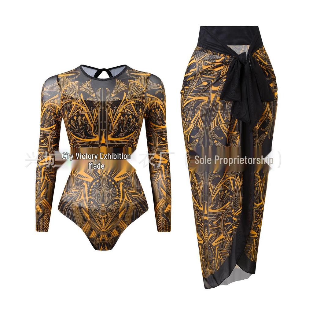 Women's Long Sleeve Mesh Sun Protection One-Piece Swimsuit with Skirt