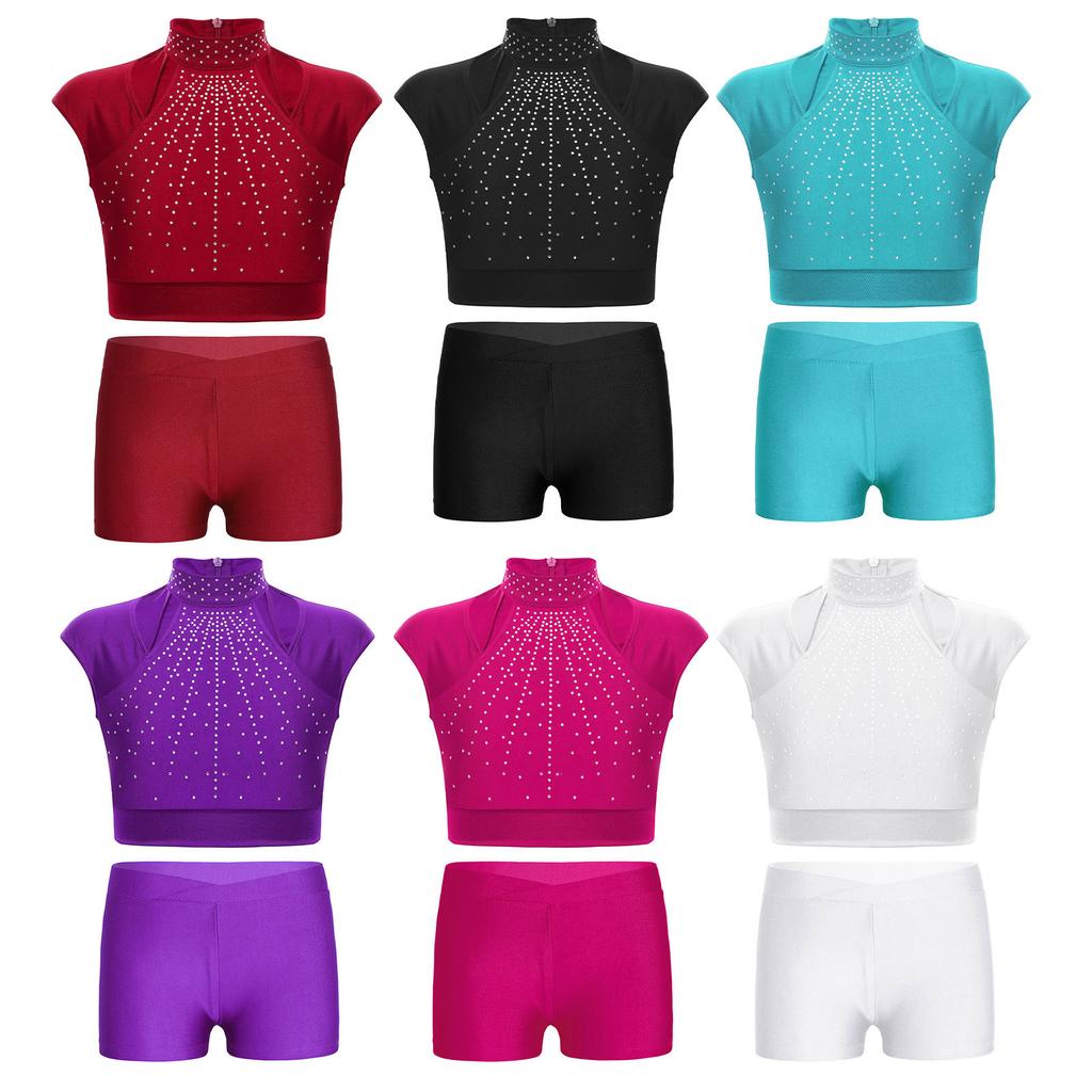 Girls Sleeveless Crop Top Shiny Rhinestones Cutout Design with V Front Waistband Shorts Dance Outfit