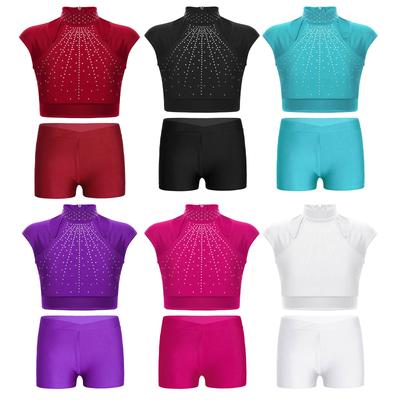 Top Crop Fără Mâneci pentru Fete, Strălucitor cu Strasuri, Design Decupat cu Bandă V în Față, Pantaloni Scurți, Ținută de Dans