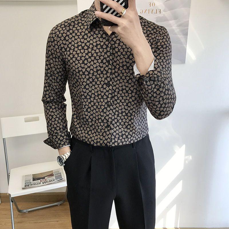 Men's Printed Long Sleeve Shirt Slim Fit Casual Fashion Blouse