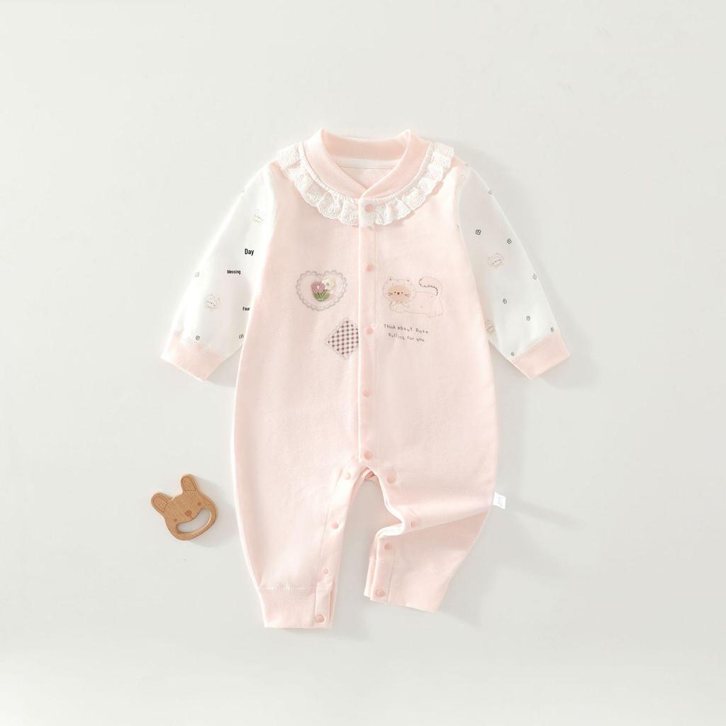 Cotton Lace Trim Long Sleeve Newborn Bodysuit Pajamas