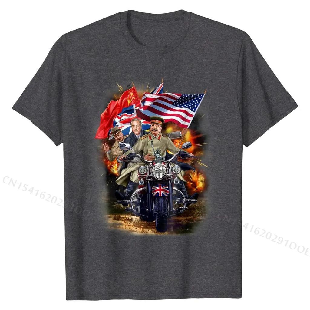 T-Shirt, Allied Victory, Roosevelt, Churchill, Stalin, Bike Hot Sale Casual T Shirt Cotton Tees for Geek