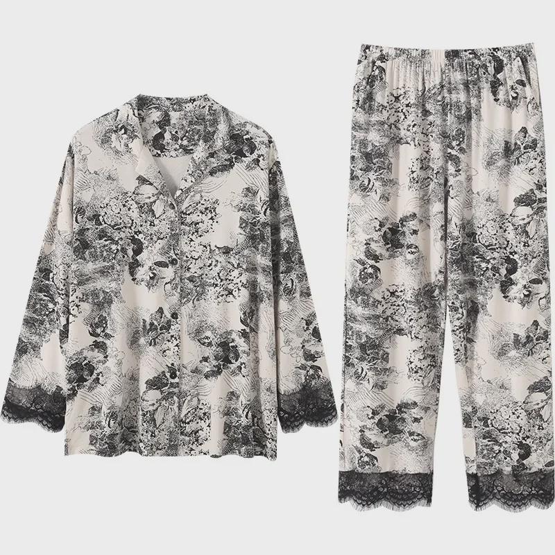 Damen Pyjama aus reiner Baumwolle: Frühlings-/Herbst-Langarm-Cardigan mit Spitze, Große Größen, Stil 2025, Geeignet für drinnen/draußen