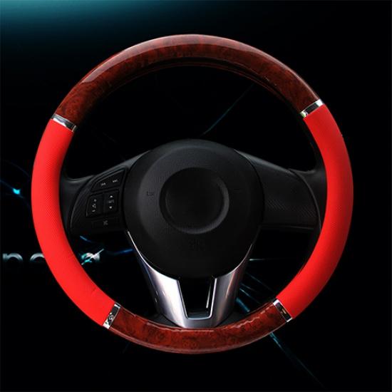 DERMAY Black Steering Wheel Cover with Wood Grain Design and Chrome Trim/PU Leather Car Steering Wheel Braid Diameter