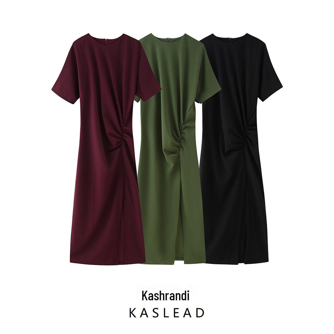 

Spring 2025 Women s European & American Style Pleated Midi Dress - Short Sleeve, Round Neck Medium чорний