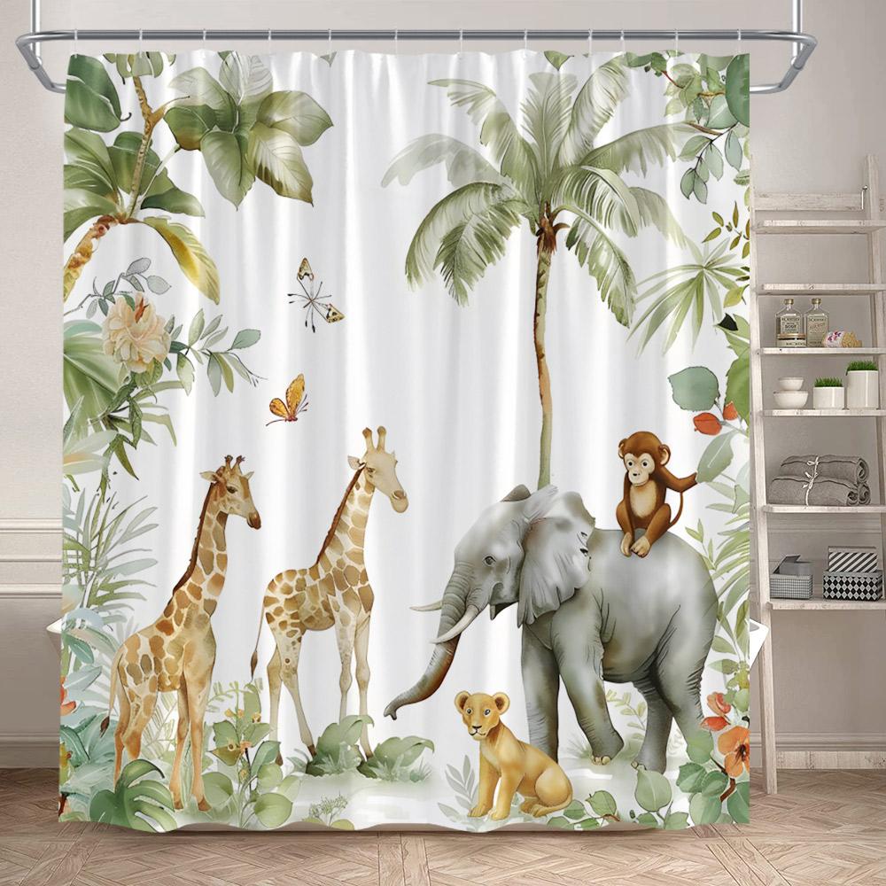 Cartoon Wild Animals Shower Curtains Lion Elephant Giraffe Monkey Forest Wildlife Kids Bath Curtain Fabric Home Bathroom Decor