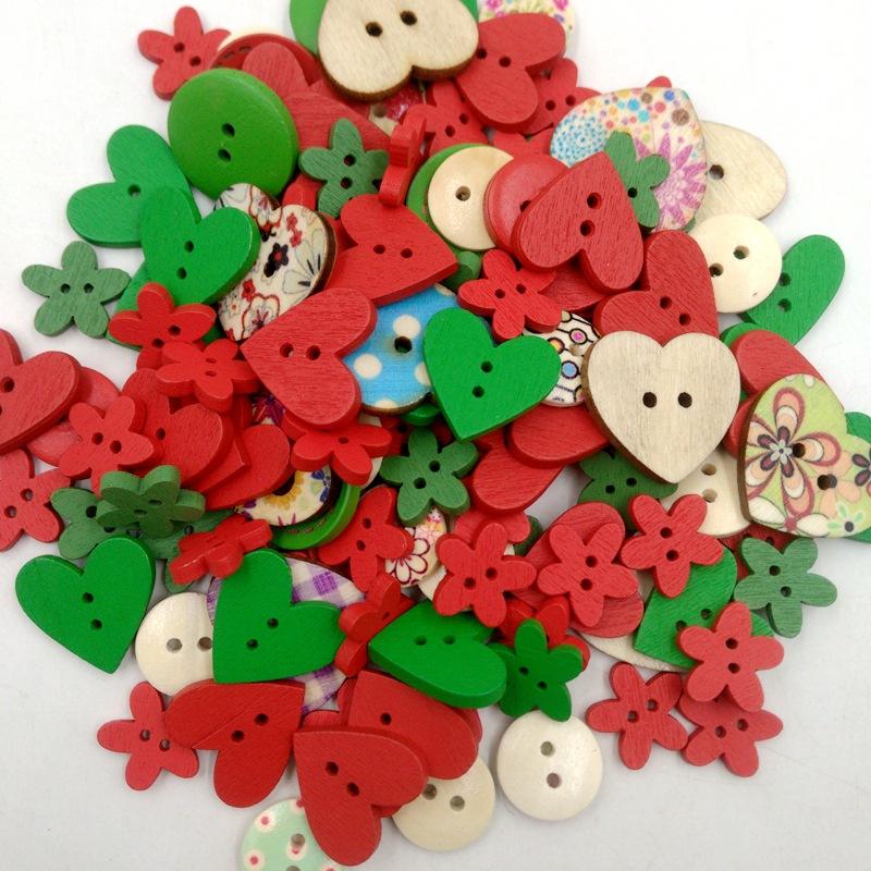 100Pcs/Bag Mix Shape Round Flower Wooden Buttons Lovely Sewing Wood Decorative Button for DIY Craft Clothes Accessories