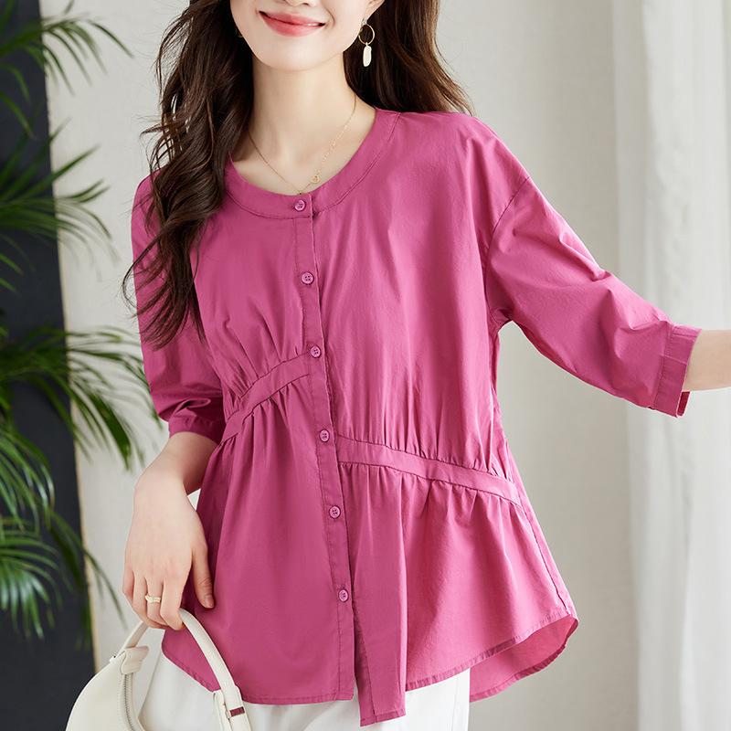 New Summer Pure Cotton Shirt Asymmetric Commuter Pleated White Shirt Women's Quarter-sleeved Top