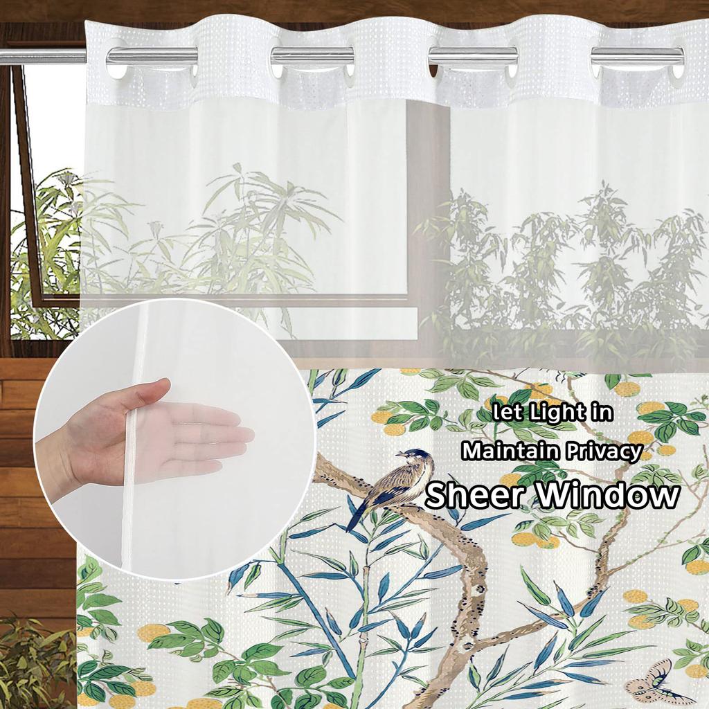 No Hook  Floral Pattern Shower Curtain With Snap-in Fabric Liner, Sheer Top Window, Waterproof Double Layer Bathtub Curtain