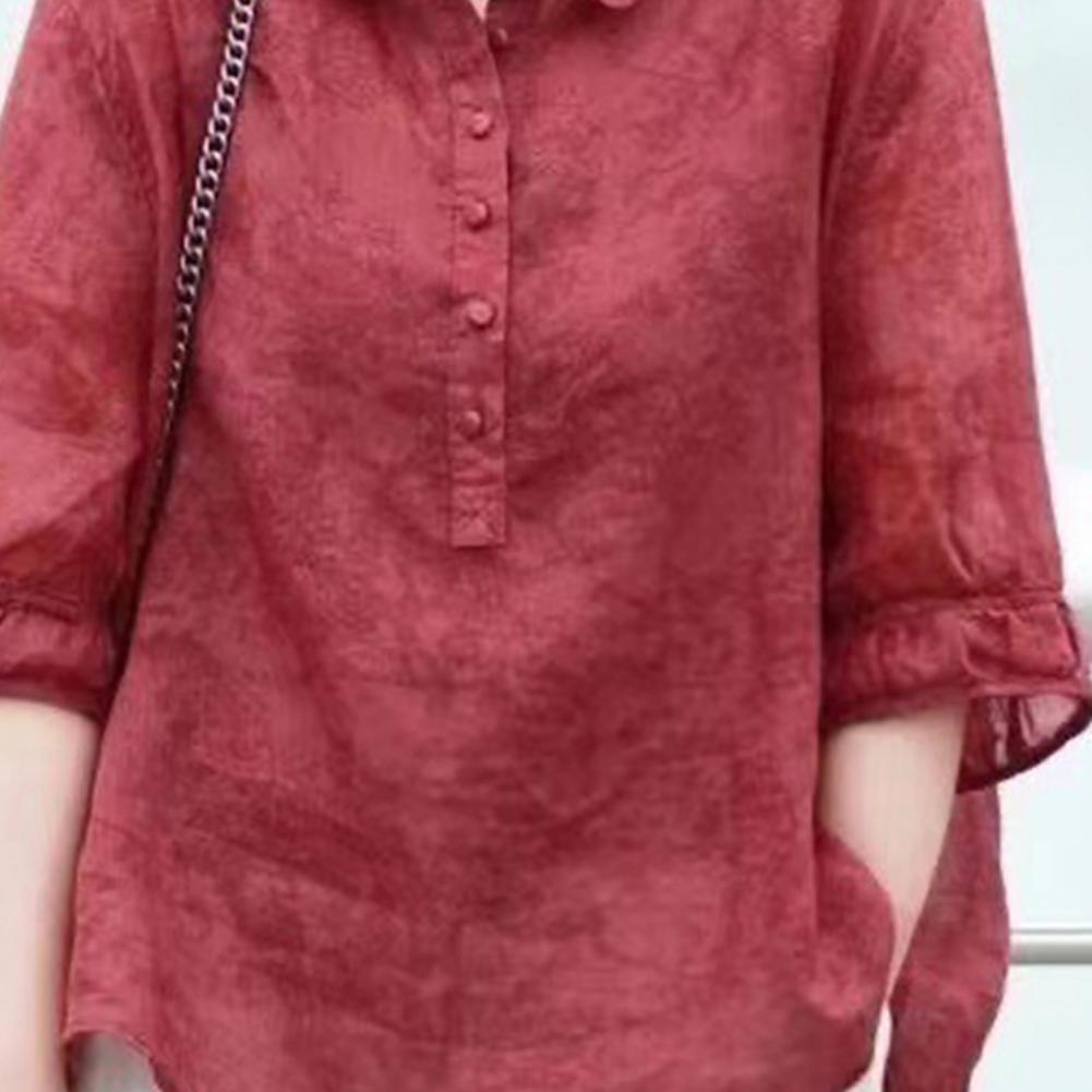 Women's Shirt Half Sleeve Lapel Loose Fit Thin Shirt Tops Buttons Neckline Pullover Tops Jacquard Print Solid Color