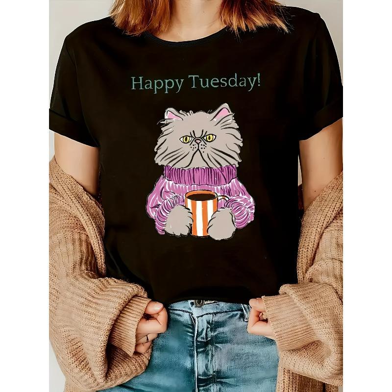 

Women S Happy Tuesday! Graphic Tee with Adorable Cat & Coffee Design - Casual Short Sleeve Crew Neck Top for Spring & Summer, S чёрный