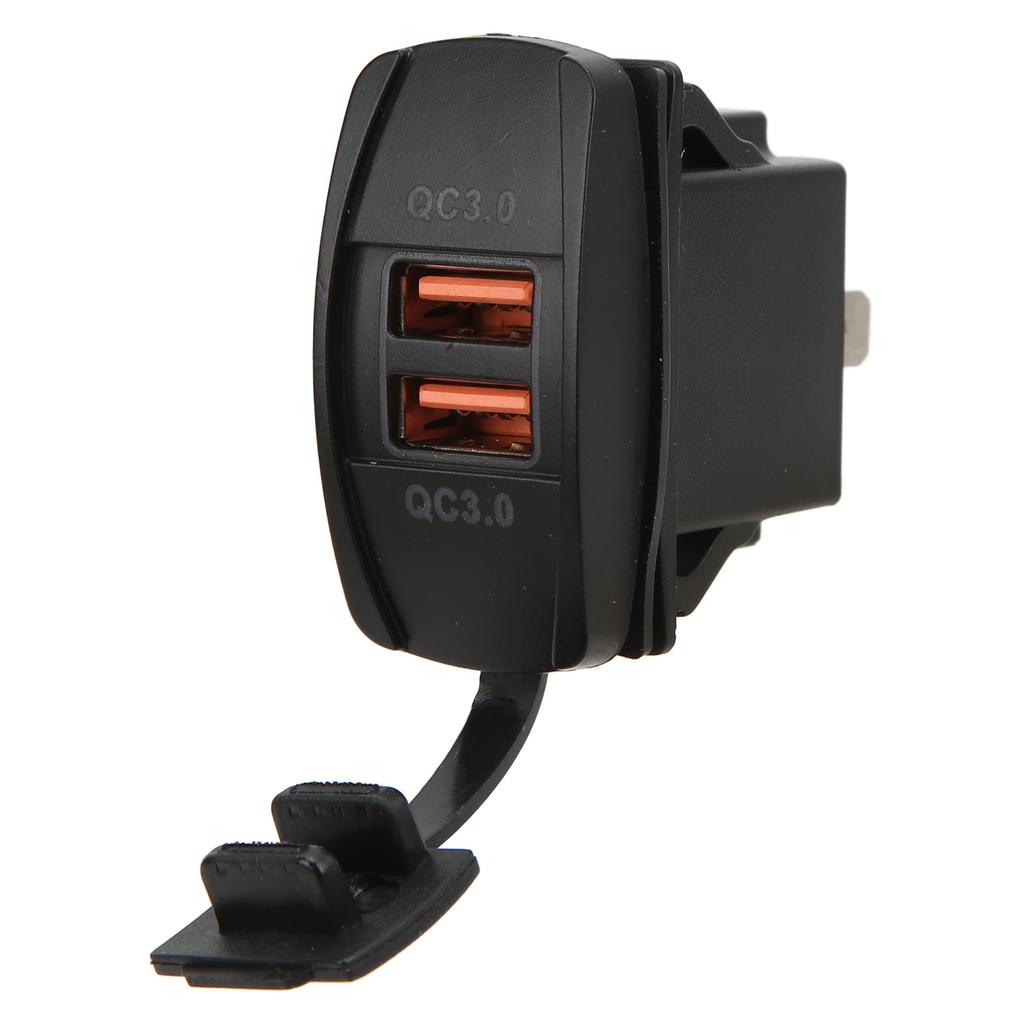 Black Universal Rocker Switch Style Dual USB Car Charger QC3.0 Fast Charge Socket with LED Backlight