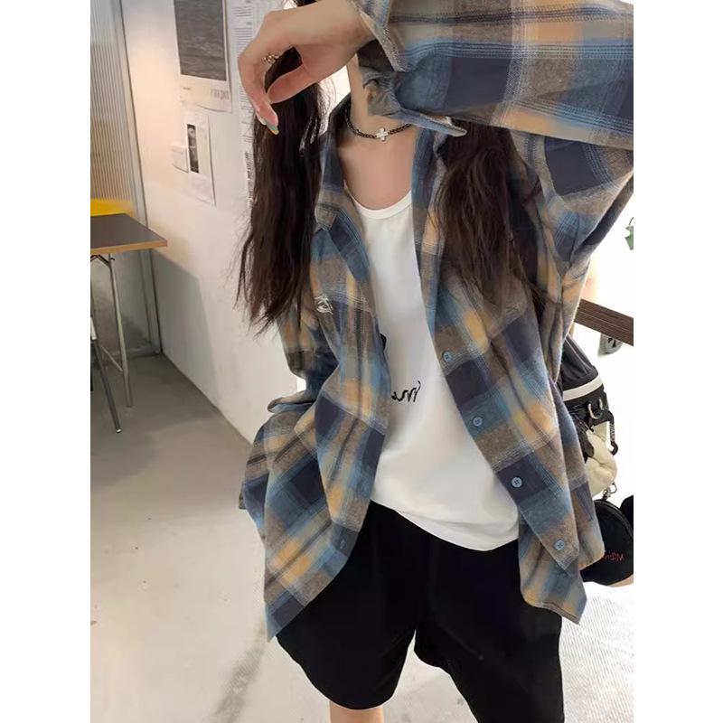 

Women s Retro Plaid Long Sleeve Loose Shirt - Spring Casual Versatile Blouse Jacket L