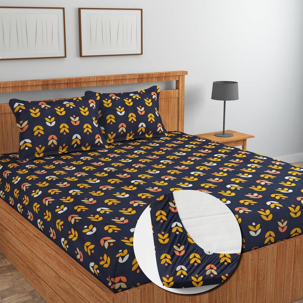 Premium Cotton Elastic Fitted Bedsheets  | Size: Bedsheet - 198.12CM x 182.88CM + 25.4CM (Drop) Pillow Cover -  46 cm x 68 cm