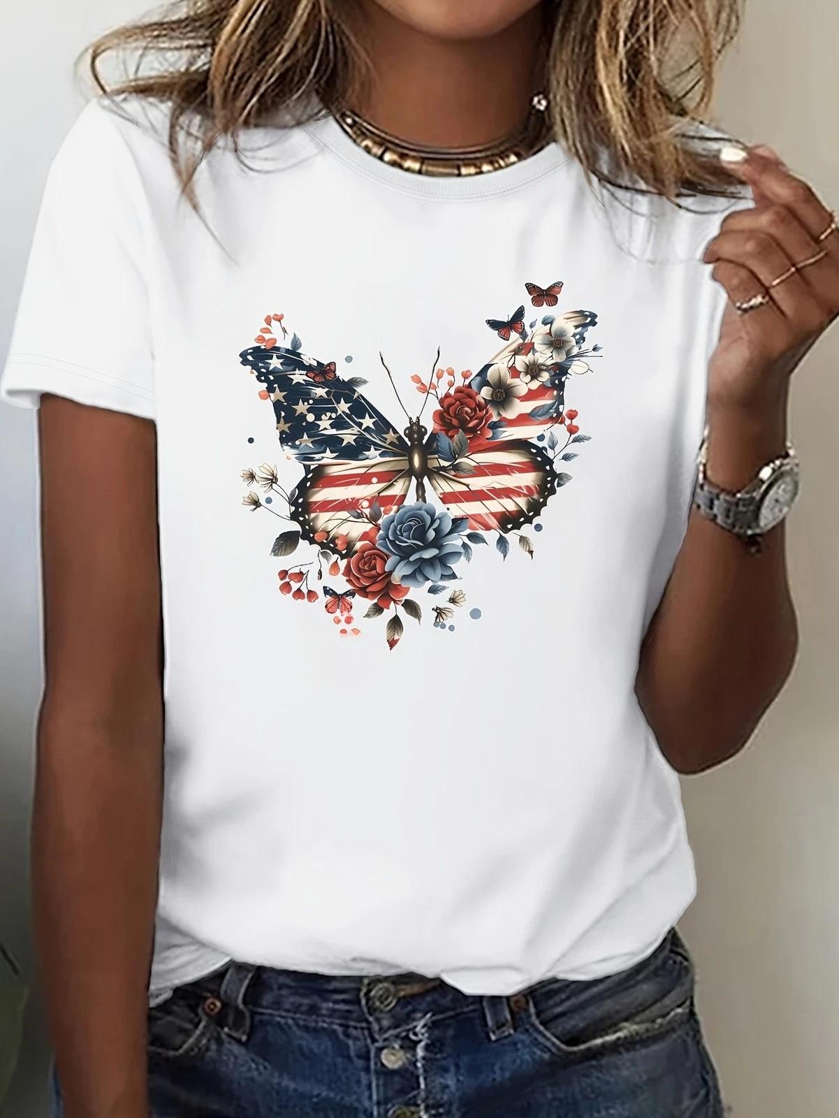 Patriotic Butterfly Floral Graphic Tee - USA Flag Wings Aesthetic T-Shirt XXXXL