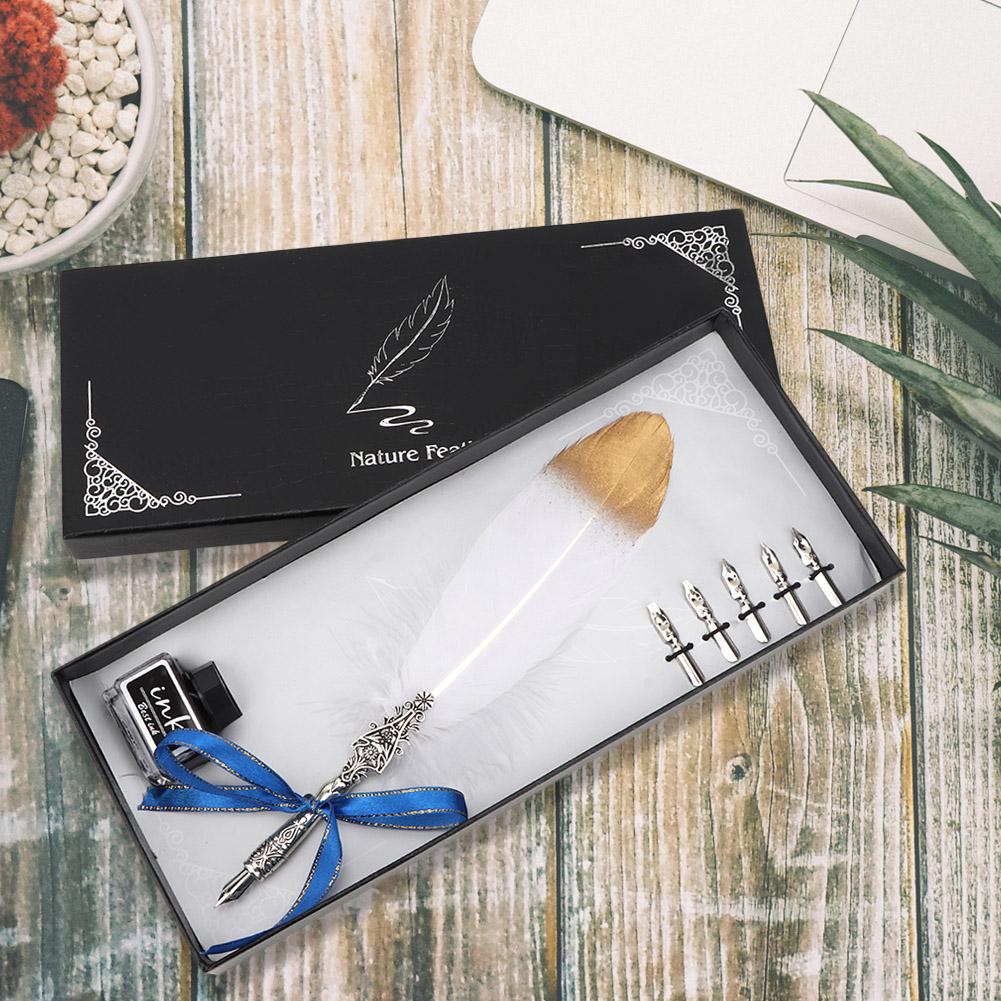 European Vintage Feather Fountain Pen Calligraphy Quill Dip Pen Set Home Decor Gift (White)