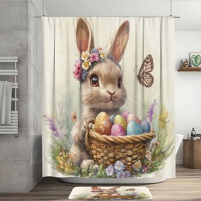 1 Shower curtainAdorable Easter Bunny with Colorful Eggs and Flowers for a Festive Bathroom Decor