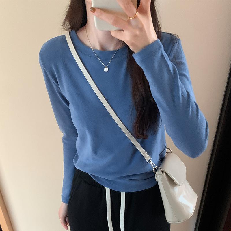 Tricou de bază cu gât rotund și culoare uni pentru femei, Toamnă Nou, Tricou cu mâneci lungi Versatil, Lejer, Casual, Stil coreean, Top interior