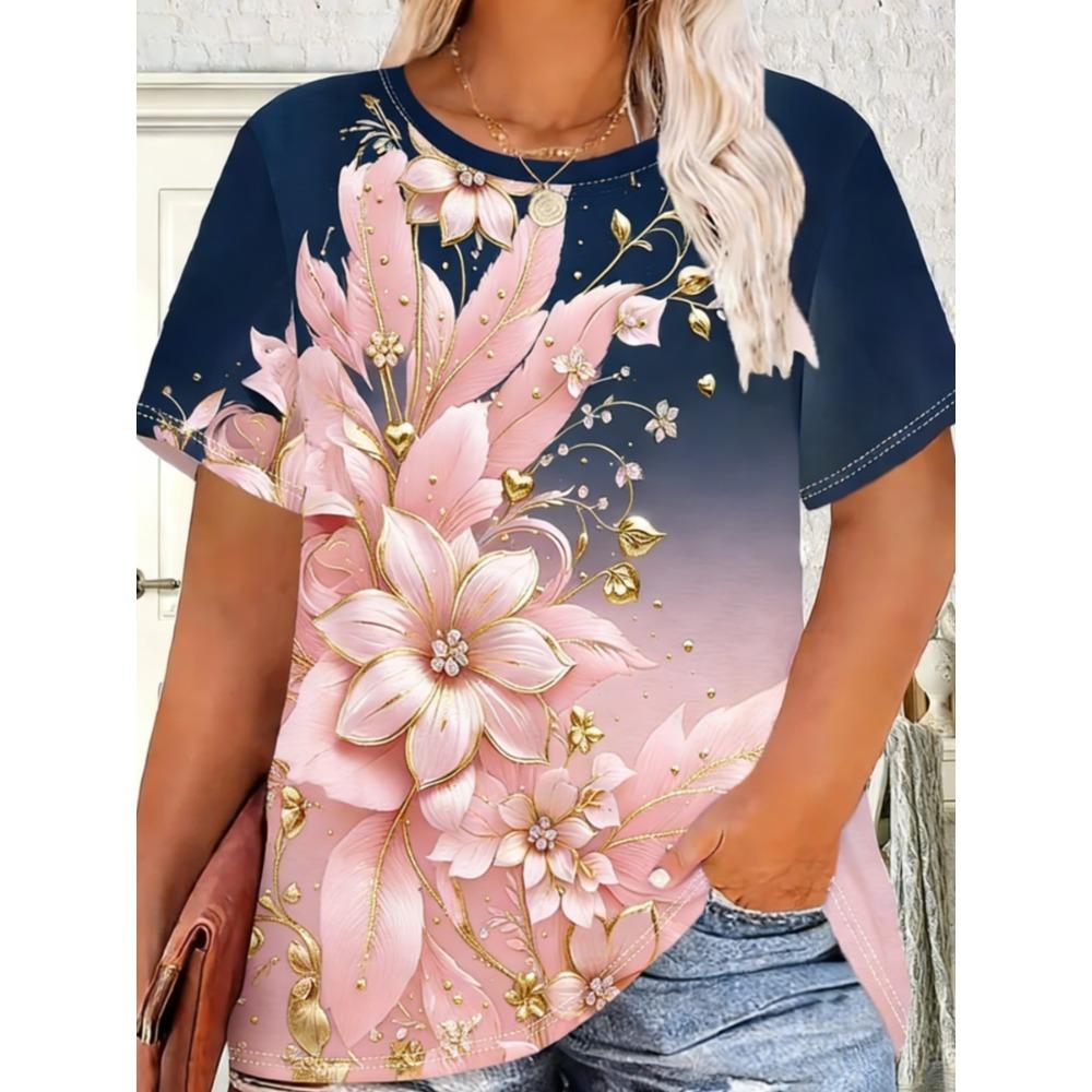 Ladies Summer Colorful Flower Printed Large Loose Casual T-shirt Fashionable Comfortable Soft Breathable Short Sleeved T-shirt