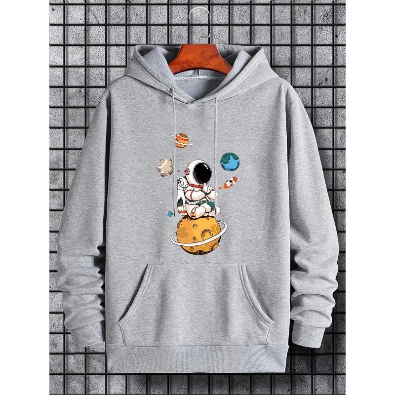 Cartoon meditation astronaut planet rocket print men's autumn/winter hooded sweatshirt loose casual pullover sweatshirt