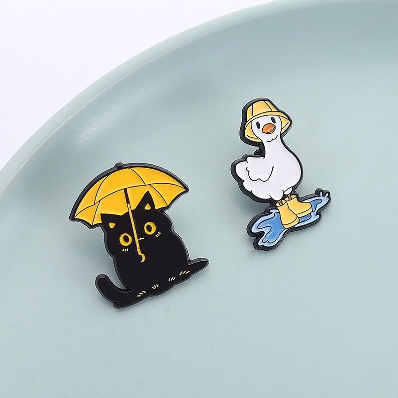 Funny Black Cat With Umbrella Enamel Pins Duck With Rain Boots Metal Brooches Lapel Badge Jewelry Gifts For Friends