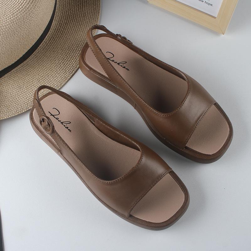 Heli Shark Sommer neue äußere Sandalen quadratischer Kopf Damenmode einfarbig offenzehig lässig flacher Boden cooles Band Damenschuhe