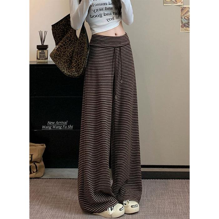 Autumn 2026 Women's Striped Drawstring Casual Pants - Floor-Length, Loose, Slimming Style