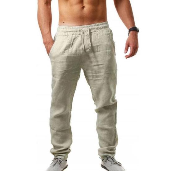 Men Solid Color Mid Rise Elastic Pockets Drawstring Long Pants Breathable Trousers