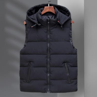 Men Waistcoat Stand Collar Hooded Sleeveless Zipper Placket Down Cotton Vest with Pockets Solid Color Thickened Vest Jacket