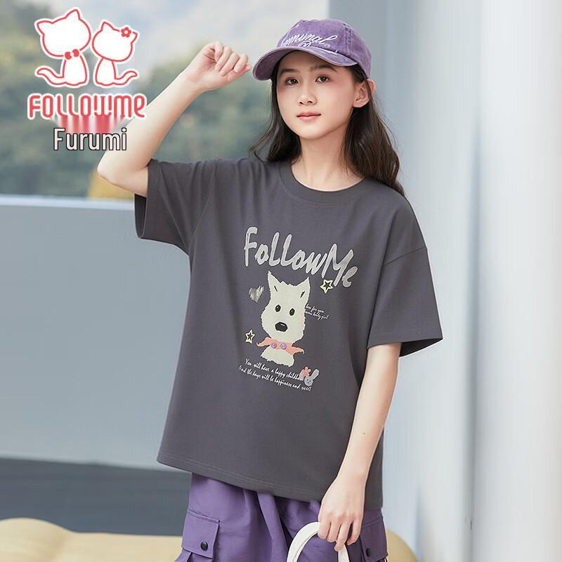 FU LUO MI Girls  Cartoon Dog Print Short Sleeve T-Shirt 150