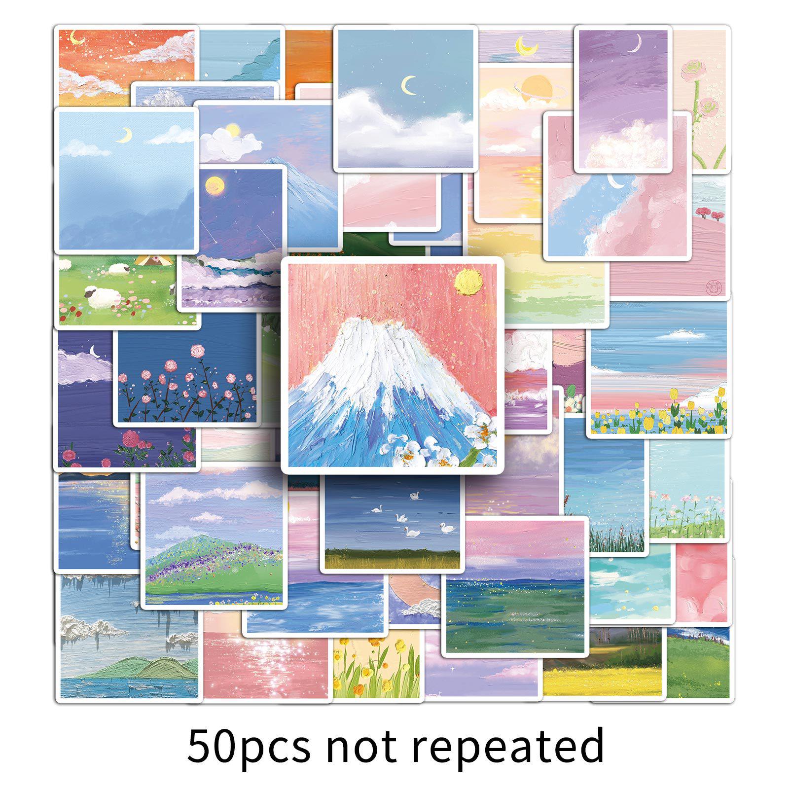 

50 листов наклеек с пейзажной масляной живописью - Арт-граффити, водонепроницаемое украшение для дневников и рукодельных отчетов.