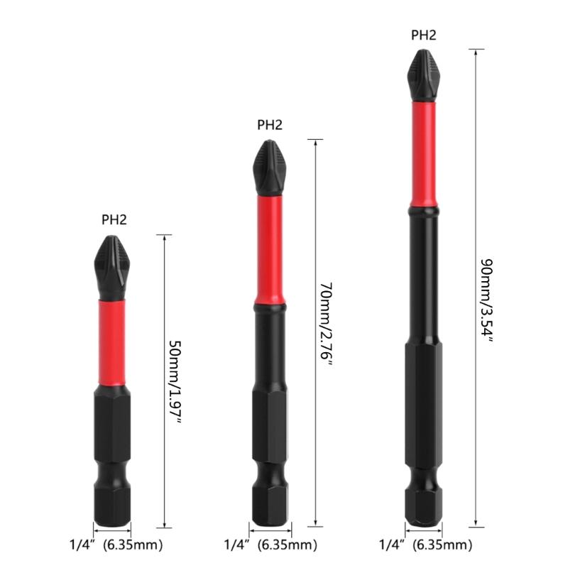 3Pieces Special Magnetic Cross Screwdriver Bit 1/4 Inch Hex Shank PH2 50mm 70mm 90mm For Electrician Power Tool