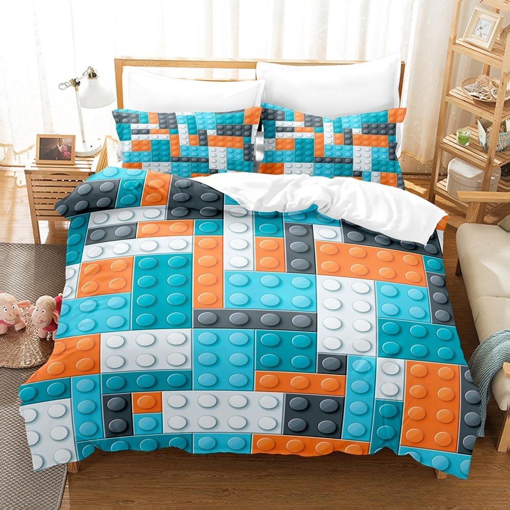 Housse de couette et taie d'oreiller Série Briques de construction Ensemble de literie Décoration de chambre d'enfants Garçons et Filles, Cadeau, Simple/Double/Queen 150x200cm