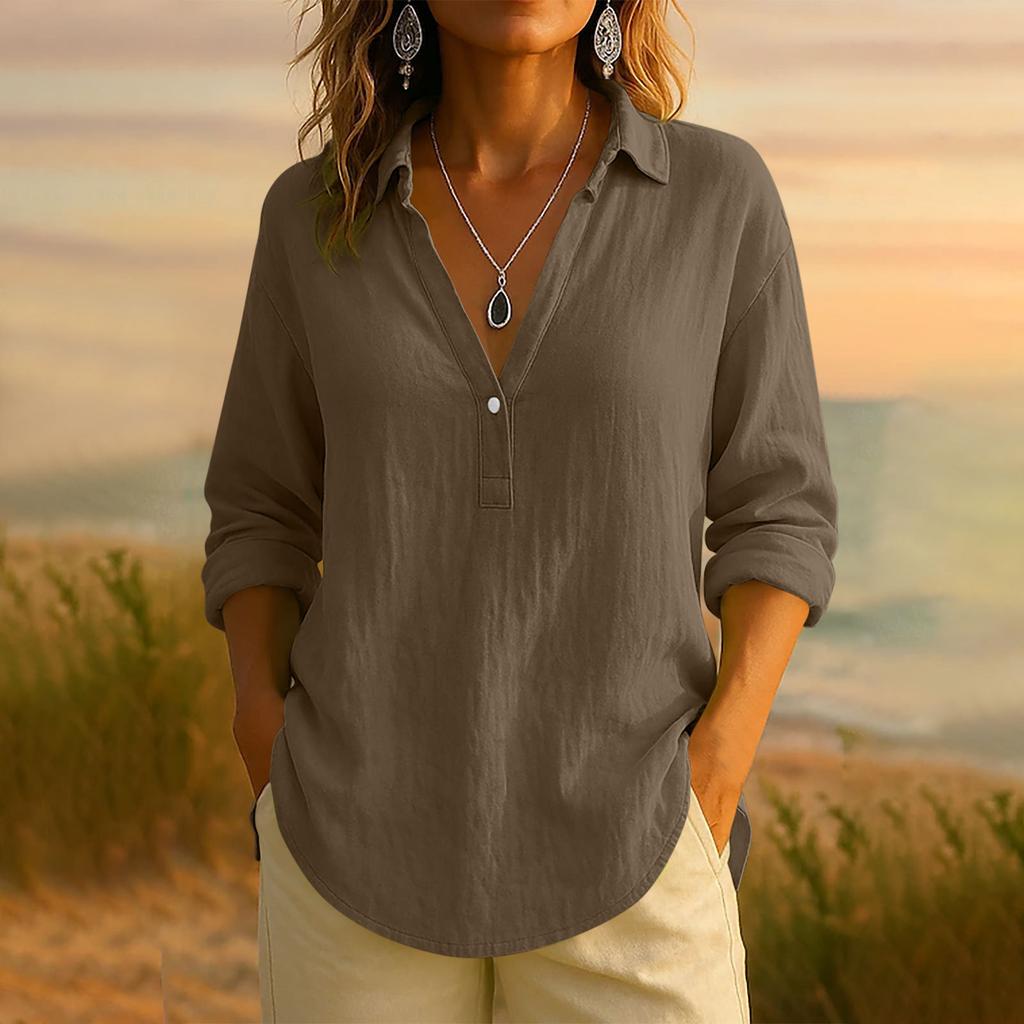 Women's Casual Fashionable Comfortable Solid Color Loose V-Neck Button-Down Long Sleeve Top Shirt