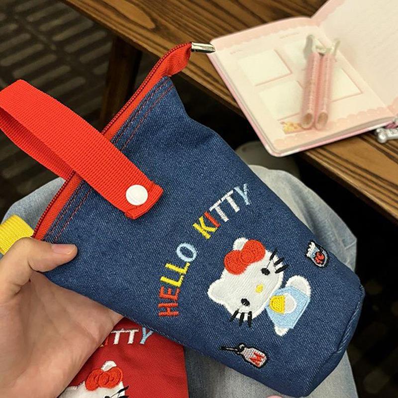 

Cute Hello Kitty Pencil Case Portable Cosmetic Bags Large Capacity Storage Bags Kt Cat Bucket Tote Bags Student Stationery Gifts синий