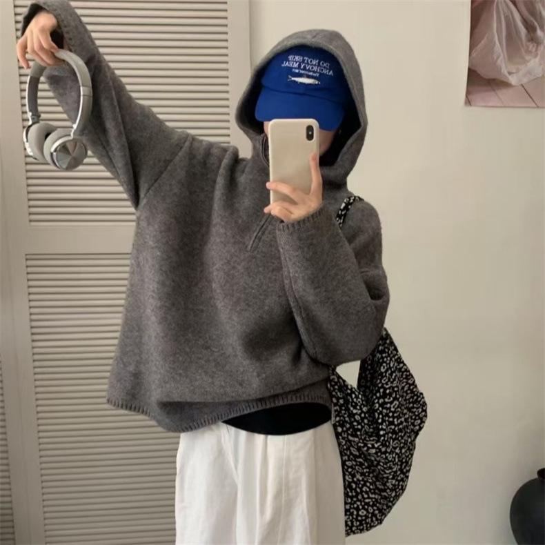 Lazy Wind Hooded Half Zipper Pullover Sweater Women's Autumn and Winter New Loose Versatile Knitted Sweater Top