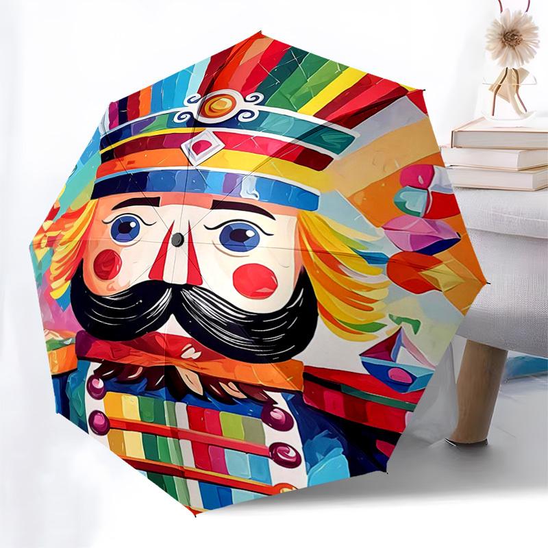 

1pc Colorful Nutcracker Automatic Folding Umbrella, Portable Tri-Fold Design with 8-Bone Iron Frame, Perfect for Outdoor, Festive Gifts, Travel, Daily