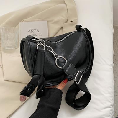 French Soft Leather Niche Bag Black Wide Shoulder Strap Women Crossbody Bags Zipper Design Ladies Daily Shopping Bags