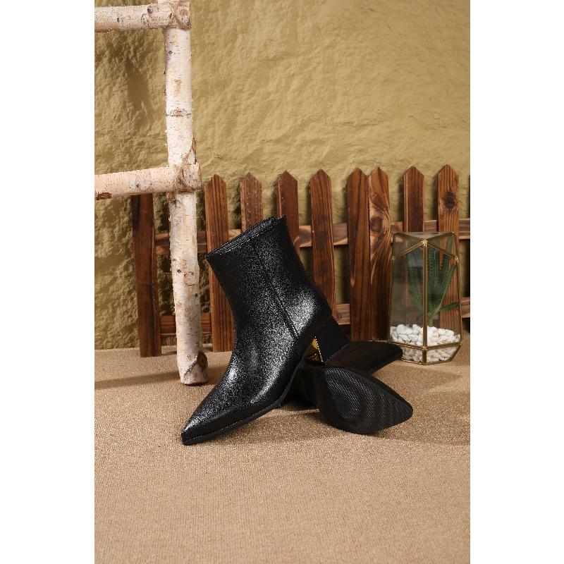 Winter New Women'S French Retro Ankle Boots, Plush Lined Pointed Toe Chunky Heel Booties, Leather Zipper Boots Slimming