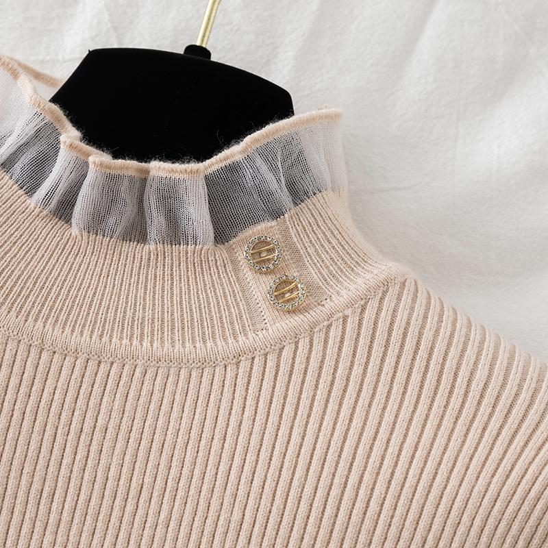 Koreanischer Mesh-Spleiß-Pullover Langarm Elastisch Weiße Oberteile Damen Herbst Winter Kleidung Slim Strick Weicher Pullover Knopf Halber Rollkragenpullover