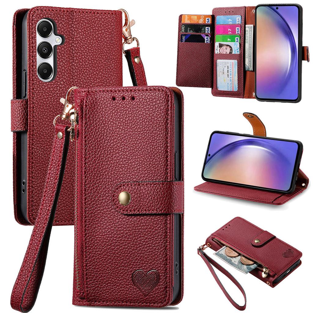For Samsung Galaxy A55 5G Case Zipper Wallet PU Leather Phone Cover with Hand Strap