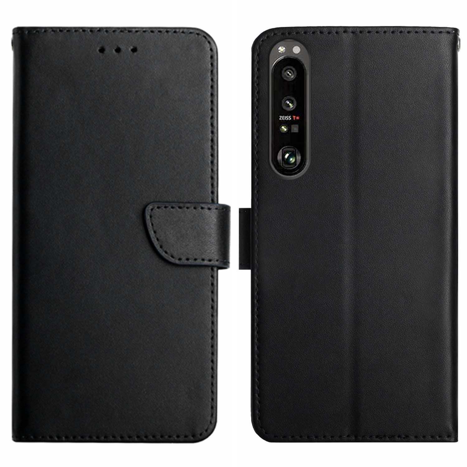 

HT02 For Sony Xperia 1 VI Phone Case Nappa Texture Genuine Cow Leather Flip Cover Black
